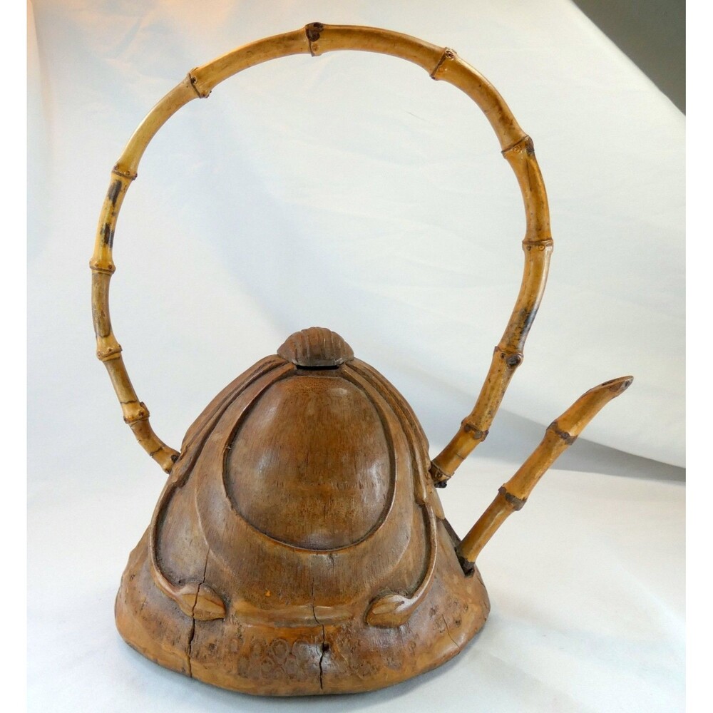 Antique Chinese Hand Carved Bamboo Root Wood Teapot Arched Handle Qing Dynasty